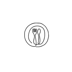 Single continuous hand drawn of plate, spoon and fork. Object design vector illustration
