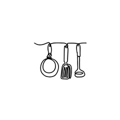 Cutlery hanging line art background. One line drawing of different kitchen utensils. Vector illustration