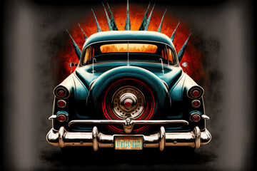 psychographic vintage american car with hot rods symbol on rear, generative ai