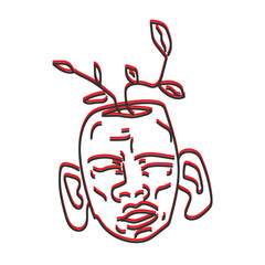 illustration a face with plant, black and red outline character, concept