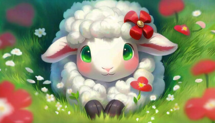 cute white, fluffy baby sheep in grass, with red flower in hair, sorrounded by nature, flowers and green background, anime style illustration 