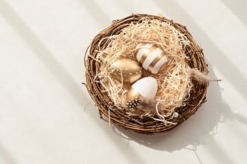 Easter zero waste, eco friendly decoration, eggs and flowers. Christian religious Easter holiday. Top view, flat lay, copy space