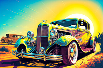 old classic car with hot rods on sunny summer day, generative ai - obrazy, fototapety, plakaty