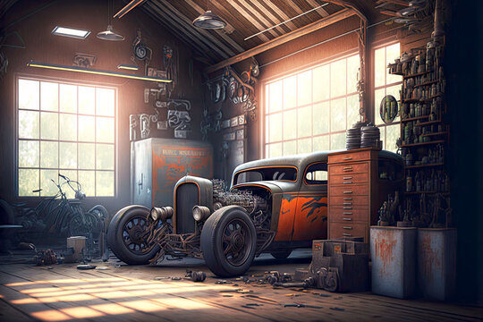 spacious garage for making hot rods with powerful engines, generative ai