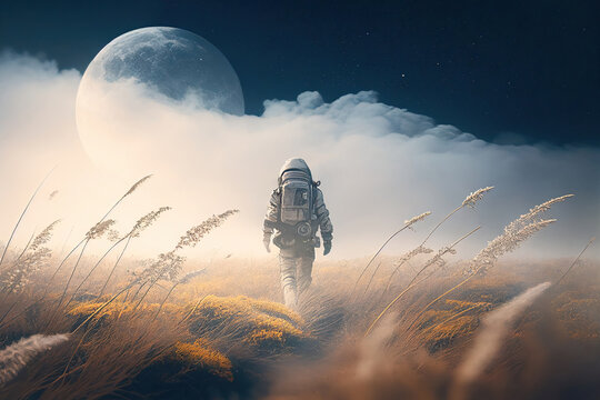 Astronaut walking through a wheat field in fog. Generative AI