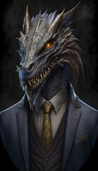 Portrait of a Fantastic Dragon in a Business Suit, Ready for Action. GENERATED AI.