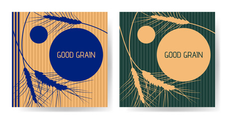 Cards or banners with grain stalks. Menu, package, label. Vector illustration