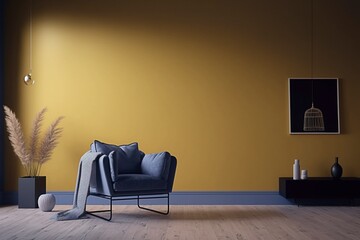 Bright and Airy Minimalist Living Room, yellow wall and blue chair