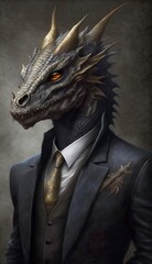 Portrait of a Fantastic Dragon in a Business Suit, Ready for Action. GENERATED AI.