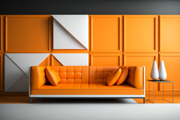 Orange leather sofa and decoration minimal on two tone wall. Orange sofa. Idea for interior design. AI	

