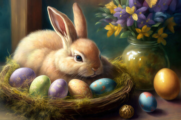 Easter bunny colorful painting. AI Generative.