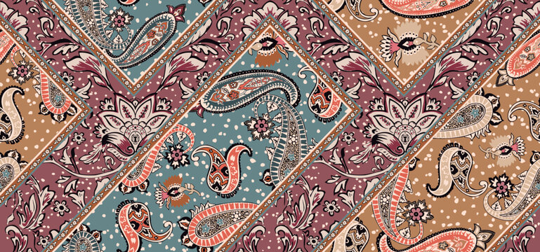 patchwork mosaic pattern with paisley and floral motifs. damask style pattern for textil and decoration