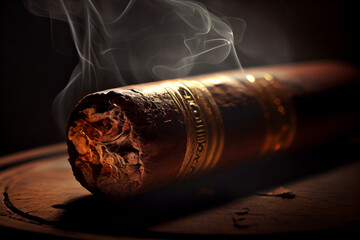 Cuban cigar with smoke, close up view with details, atmospheric light and background. generative AI - obrazy, fototapety, plakaty