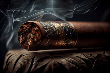 Cuban cigar with smoke, close up view with details, atmospheric light and background. generative AI - 570996384