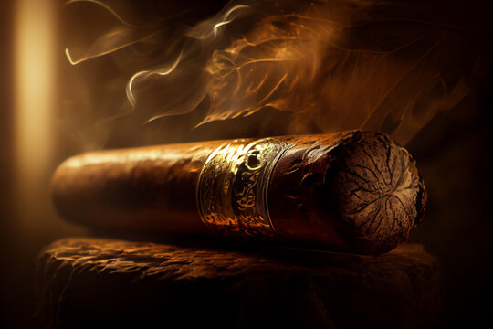 Cuban cigar with smoke, close up view with details, atmospheric light and background. generative AI