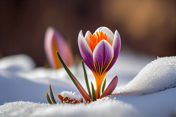 Crocus bulb blooming in snow, first spring flower. Close up macro view. Generative AI - 570996507