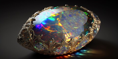 Fototapeta premium Wunderschöner geschliffener Opal Mineralstein auf schwarzem Hintergrund, ai generativ 