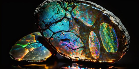 Wunderschöner geschliffener Opal Mineralstein auf schwarzem Hintergrund, ai generativ 
