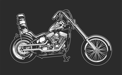 Chopper Motorcycle, Motor Vehicle Transport, Vector Line art illustration on a black Background