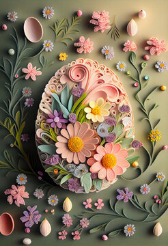 Easter egg colorful card , paper quilling art, festive background. Generative AI