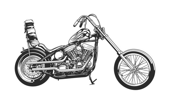 Chopper Motorcycle, Motor Vehicle Transport, Vector Line art illustration