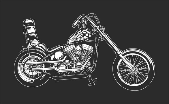 Chopper Motorcycle, Motor Vehicle Transport, Vector Line Art Illustration On A Black Background