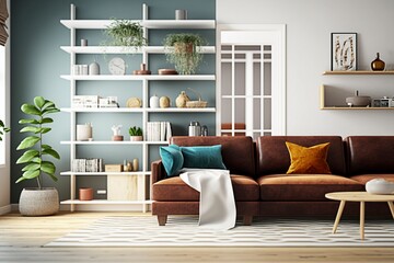 Modern Minimalistic Living Room With Brown Couch and White Shelves
