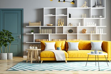 Modern and Cozy Living Room with Bright Yellow Couch