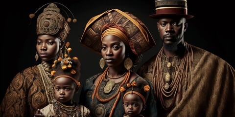 Fototapeta premium Königliche afroamerikanische Familie, Vater, Mutter, Kind im Portrait, ai generativ