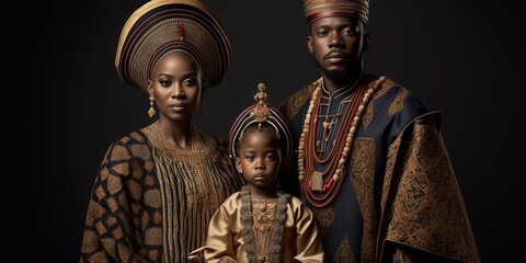 Königliche afroamerikanische Familie, Vater, Mutter, Kind im Portrait, ai generativ