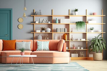 Minimalistic Modern Living Room with Peach Couch and Shelves