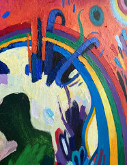 Rainbow artwork close up. Templates of art banner design, creative poster. Vivid acrylic spots. Color paint brush strokes. Surreal rainbow background. Abstract bright painting on real canvas texture.