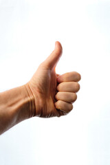 Man's hand with thumbs up, making the ok symbol, on a white background.