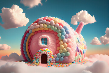 Fantasy home made of sweet candy, colorful dreamy house and landscape. Generative AI