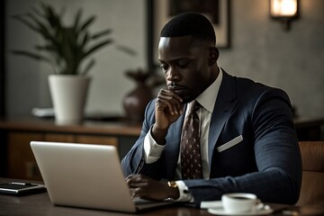 Fototapeta na wymiar African American Businessman Working on Laptop Business Photo Wallpaper Generative AI