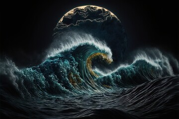 Lunar attraction of the sea wave. Night landscape with a big moon and a sea wave, dark waters of the ocean under the moon. AI