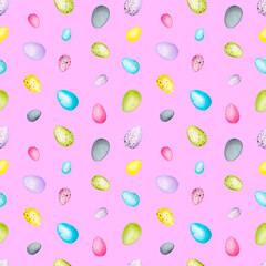 Seamless watercolor pattern with Easter decor on a pink background. Watercolor design for packaging, wrapping, wallpaper, fabric, textile..