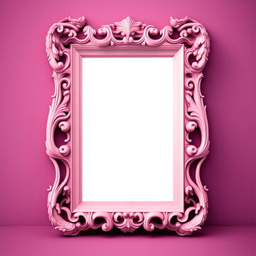Pink ornate picture frame with transparent center for your image, on pink background,, vertical, illustration