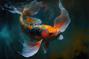 Chinese Koi fish in water with water lilies. AI