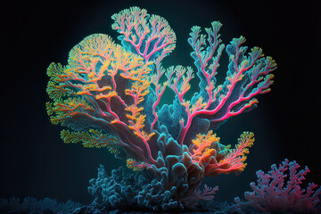 Underwater sea world. Colorful neon corals at the bottom of the ocean. AI