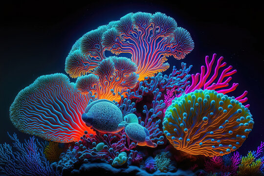 Underwater sea world. Colorful neon corals at the bottom of the ocean. AI - Powered by Adobe