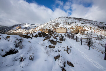 Snow covered Alcala de la Selva village  in Gudar mountains Teruel Aragon Spain