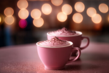 Obraz na płótnie Canvas two pink cups with coffee or hot chocolate and milk foam over a bokeh lights background, romantic cafe copy space created with generative AI