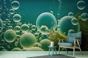 Fototapeta na wymiar bubbles wallpaper, green with delicate blue. Generative AI.