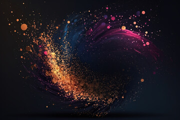 Magical neon background with bokeh and tiny particles, explosion and swirl of sparkles and confetti. Abstract dark background. AI - obrazy, fototapety, plakaty