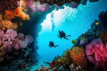 Fototapeta na wymiar Scuba Divers in Coral Reef Tropical Fish Turquoise Water Ocean Sea Photo Wallpaper Generative AI