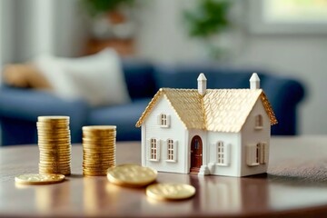 Miniature modern house,close up, gold coins. Generative AI