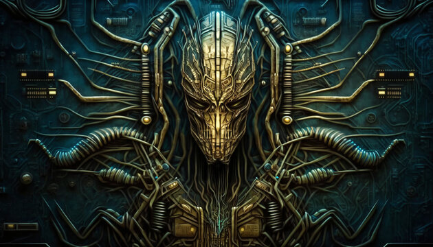 artificial intelligence, electronic circuit board with alien skull processor, evil dark supercomputer, generative ai