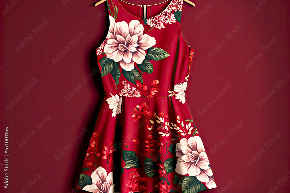 Canvas Prints casual summer dress with floral print on red background, generative ai