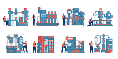 Smart factory with conveyor belt controlled by AI robots. Industry machines, equipment, high technology work at production, manufacturing process on automated assembly line. Flat vector illustration